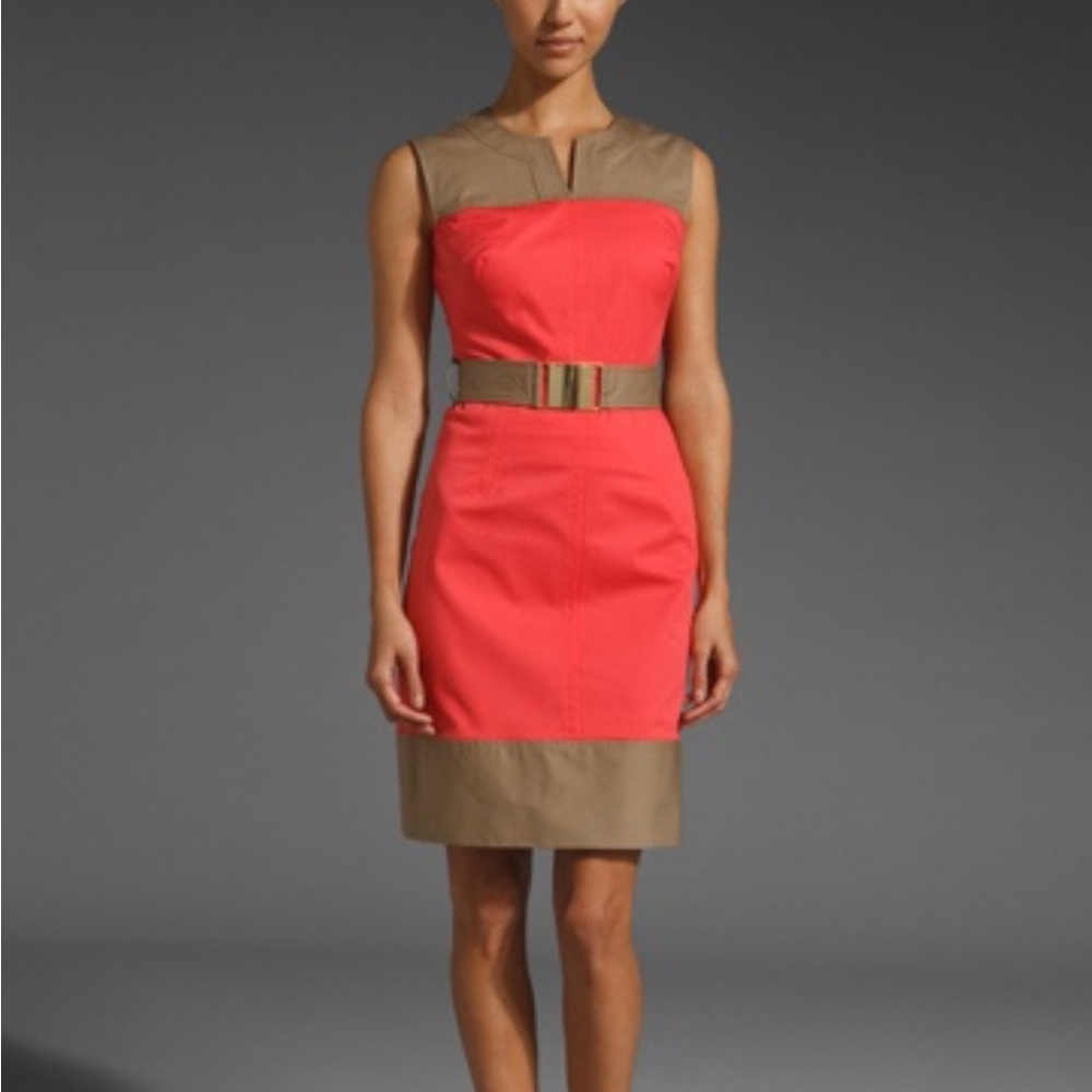 Milly of New York Classic Belted Sleeveless Shift Dress w Belt Tan Coral S 6 USA